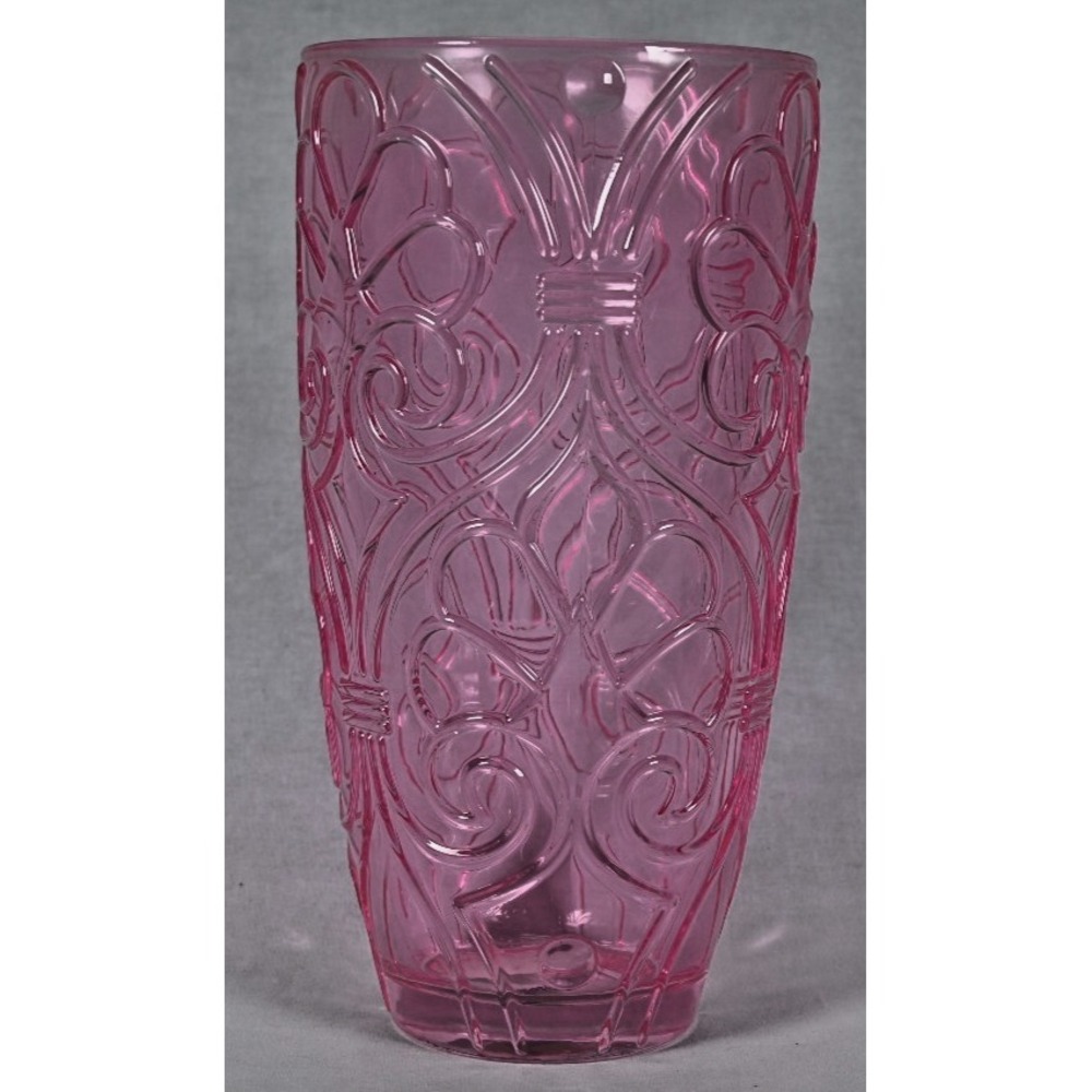 Sweet Heart Medley Pink Pressed Glass Vase Heavy Embossed Flowers 8.5" - Picture 3 of 7